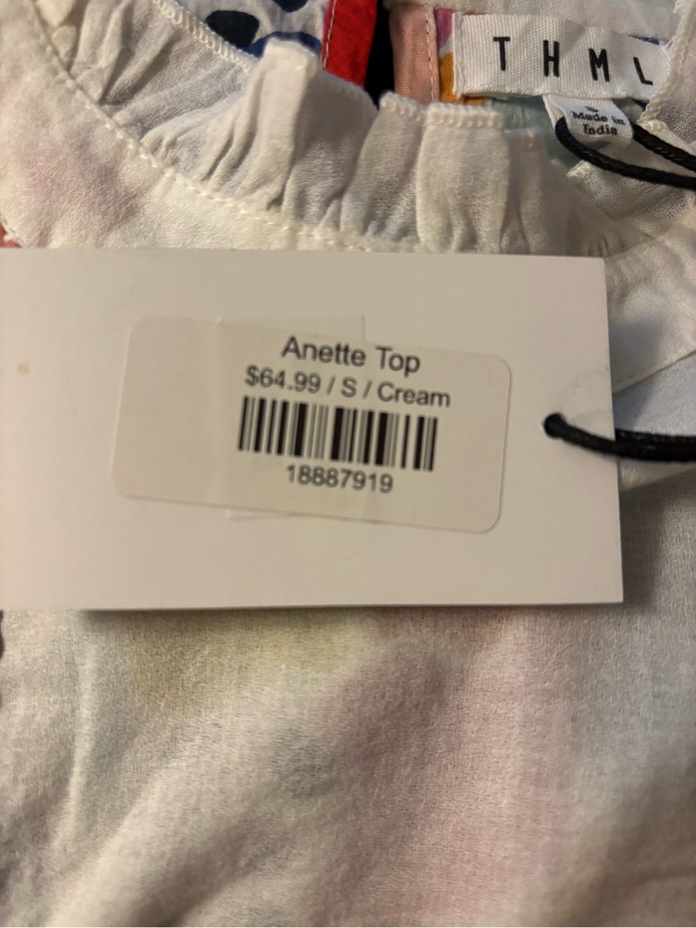THML White Linen Top with Multicolor Printed Yoke and Blue Stripe Sleeves - Picture 4 of 4